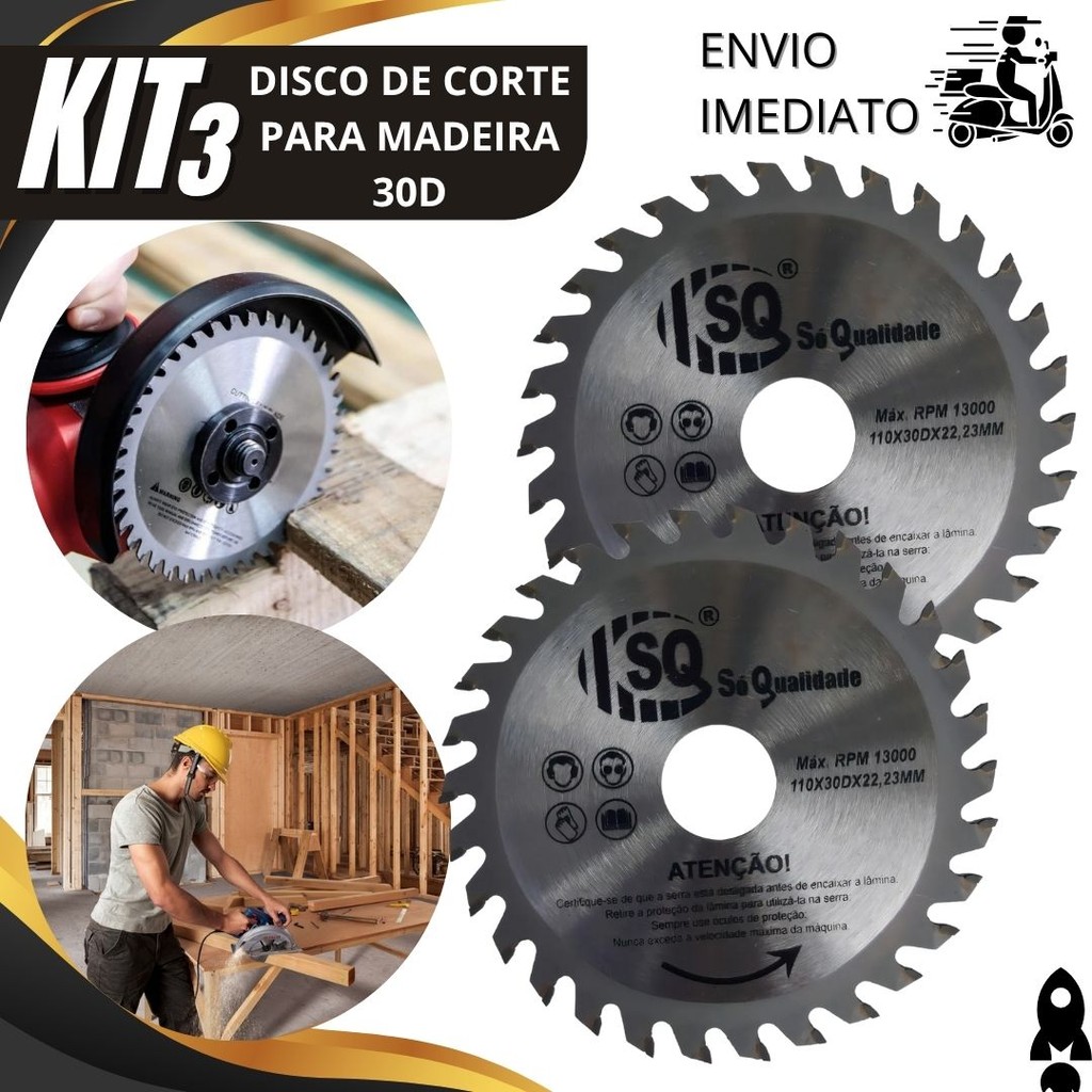 Jogo 3/2/1 Disco de Corte Widea 110x22,23MM 30 Dentes para Madeira para Serra Circular Esmerilhadeira