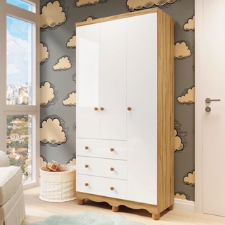 Guarda-roupa de Bebê 3 Portas e 3 Gavetas 100% Mdf Mimo Espresso Móveis Branco Brilho/Amêndoa em Oferta na Shopee
