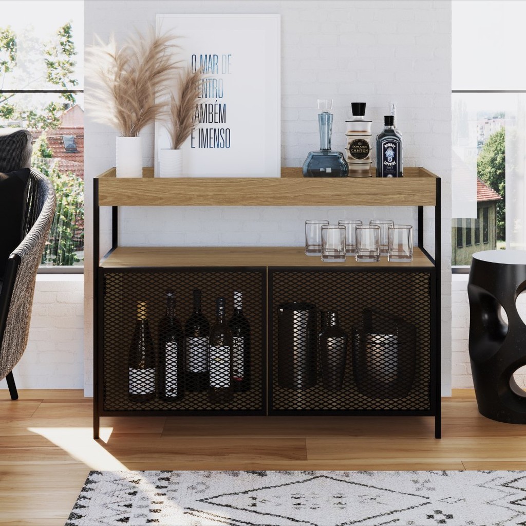 Buffet Aparador Bar Industrial Retrô 2 Portas e Nicho Madeira/Aço 100cm York Hanover/Preto