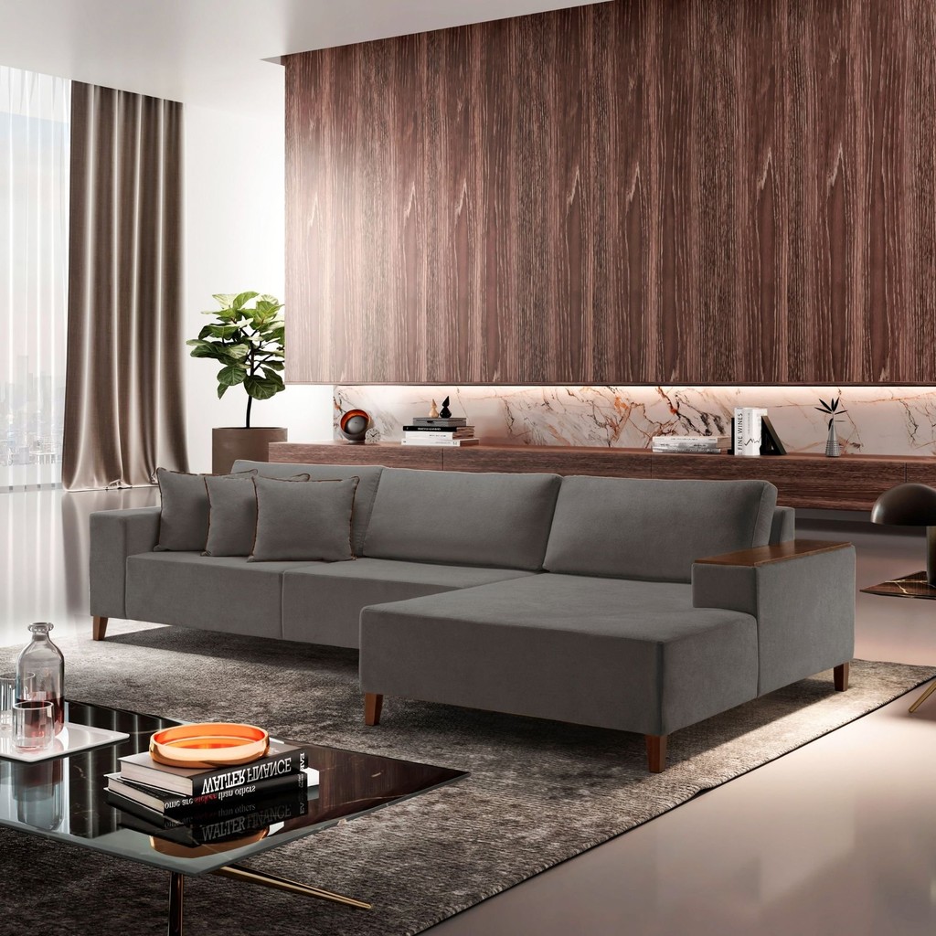 Sofá Grécia 4 lugares com Chaise Veludo 2,90M Cinza em Oferta na Shopee