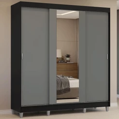 Guarda-Roupa Casal com Pés 3 Portas de Correr com Espelho Preto/Cinza Reno Madesa
