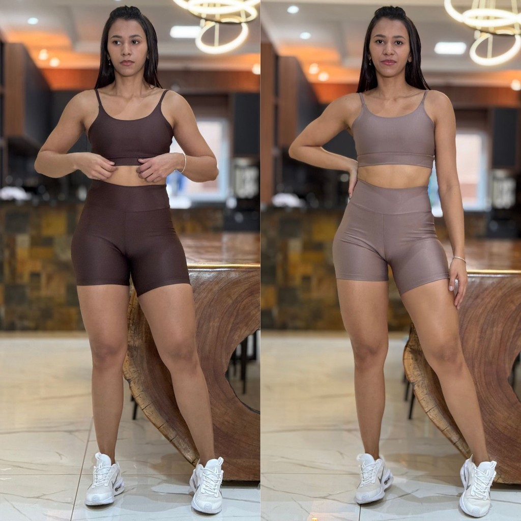 Kit 2 Conjunto de Academia Feminino Short + Top com Zero Transparência e Cintura Alta