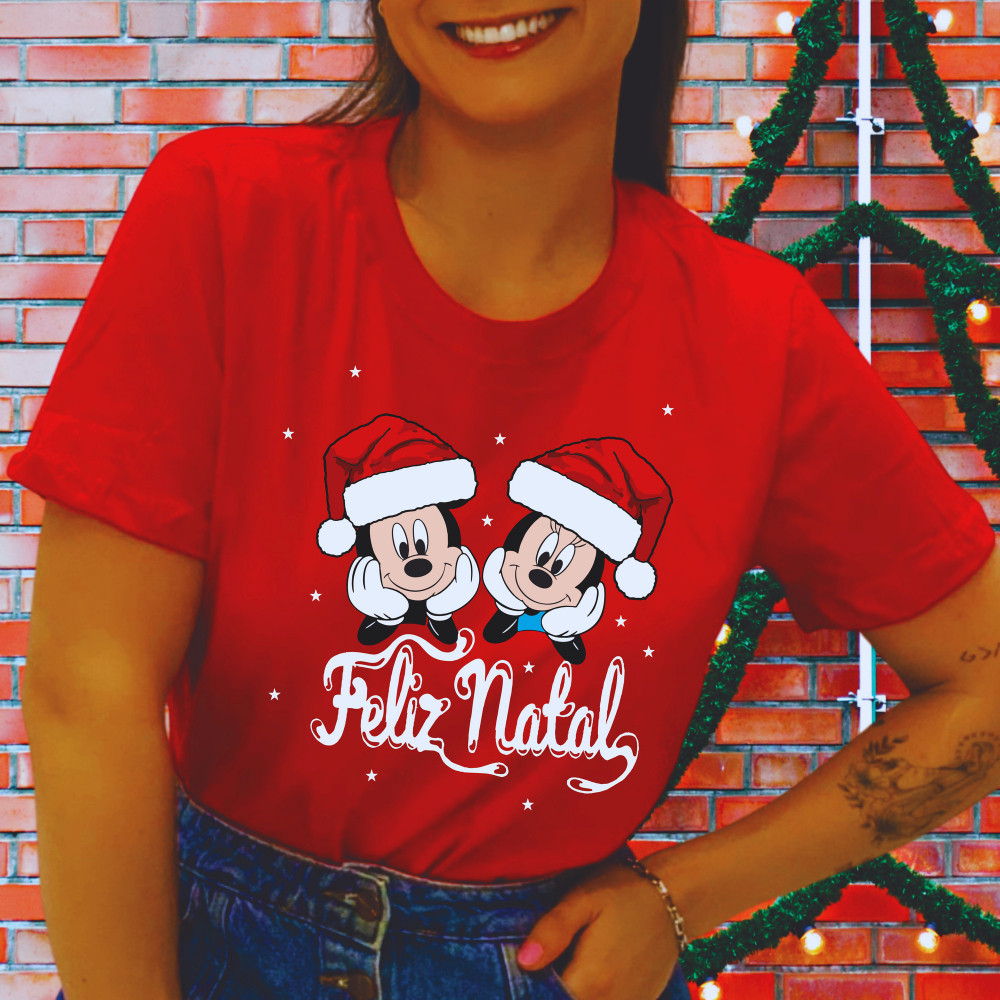 T-shirt, baby look, blusinha vermelha Natal luxo Mickey e Minnie