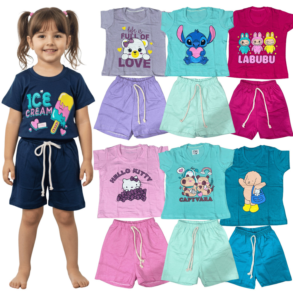 Kit Sortido Peças Conjunto Infantil Menina Verão Shorts E Roupa De Meninas Com Short - Conjuntos