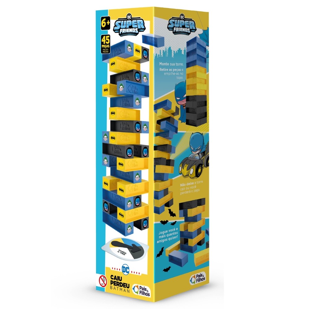 JOGO CAIU PERDEU BATMAN DC SUPER FRIEND 45 PEÇAS PAIS E FILHOS TORRE BRINQUEDO BLOCO DERRUBAR MESA
