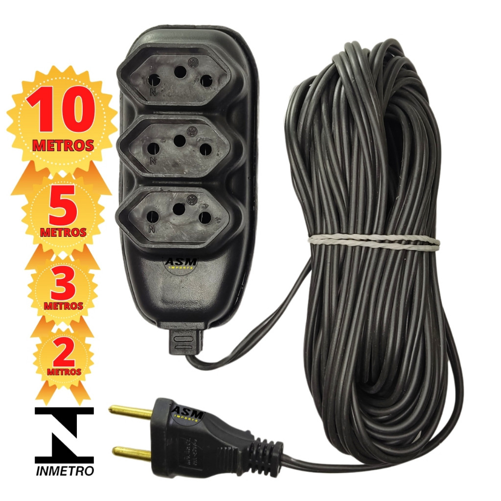 Extensão Elétrica com 3 Tomadas 2 Pinos Extensão Energia TAMANHO 2, 3, 5 e 10 VOLTINO