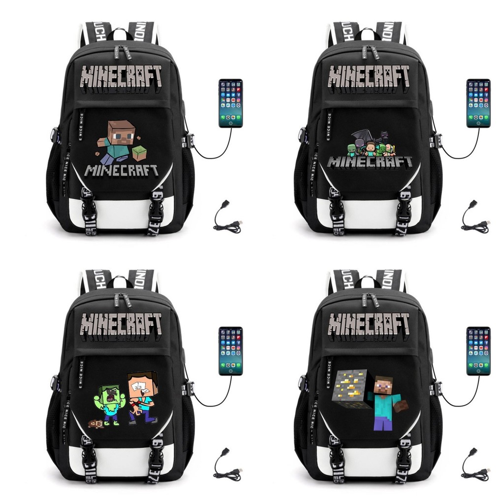 Minecraft mochila escolar infantil 43cm USB resistente Meninos meninas estudante adolescente Mochila para notebook