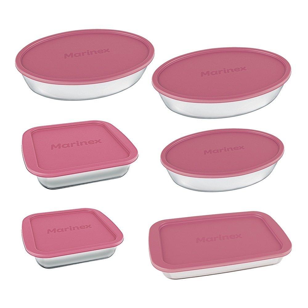 Imagem Conjunto de Assadeiras de Vidro Marinex | Com Tampa Rosa 6 Peças