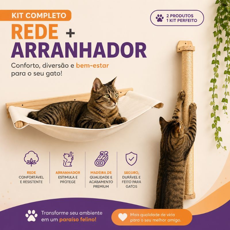 Kit Rede Cama Suspensa E Arranhador De Parede Para Gatos P/G