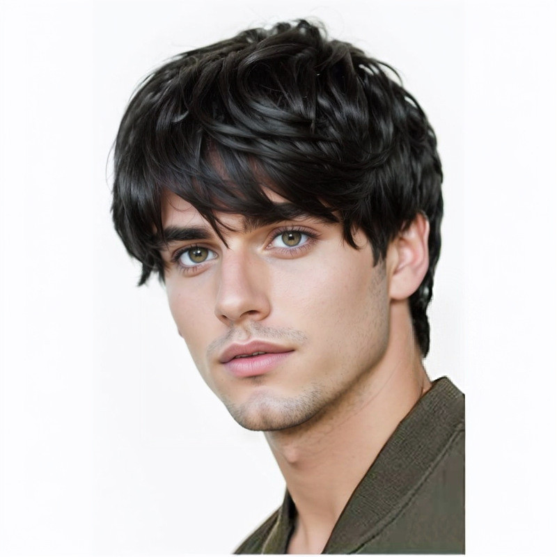 Cabelo masculino fofo cabelo curto franja franja curto cabelo encaracolado curto marrom preto Diagonal peruca de cabelo