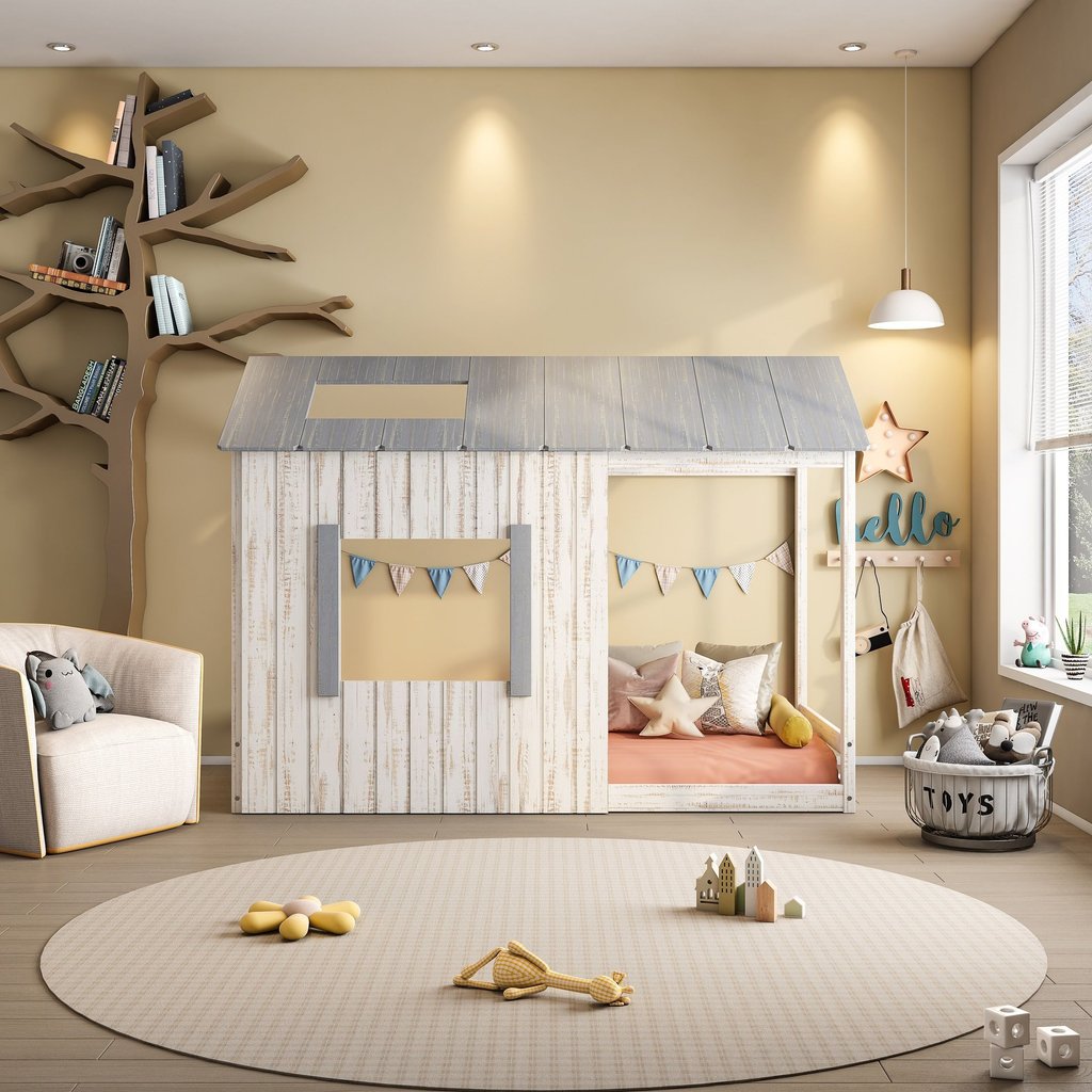 Cama Infantil Montessoriana Cabana Pkolino Cinza/Off White Off White/Cinza Claro