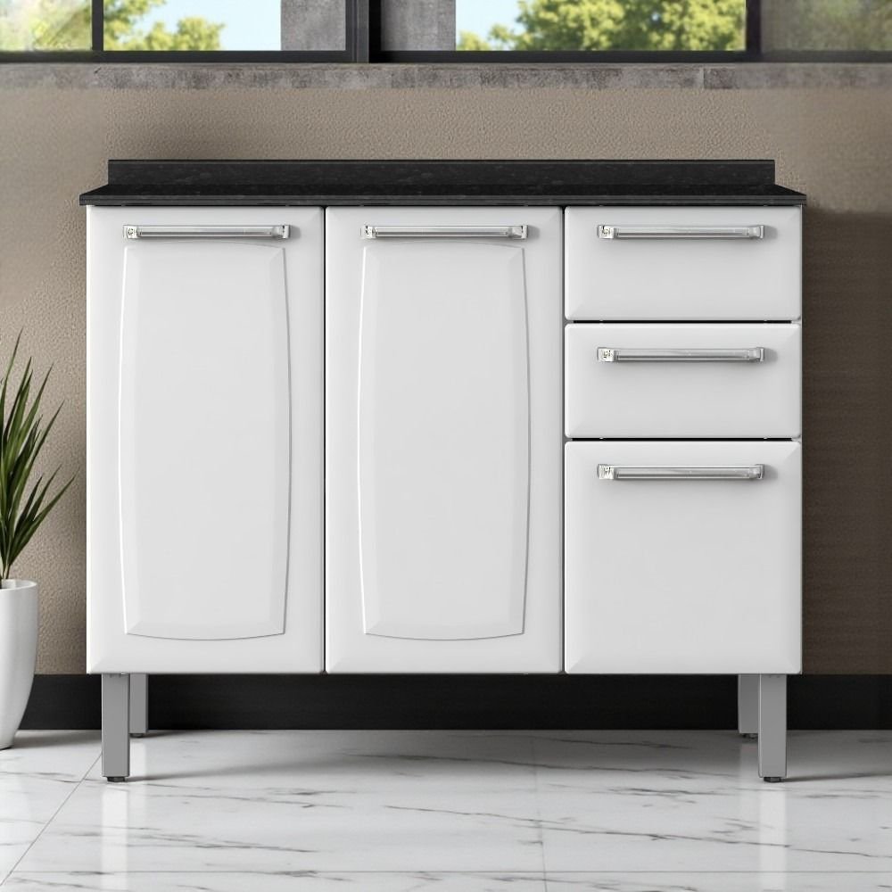 Balcão Cozinha em Aço 3 Portas 2 Gavetas 105cm com Tampo Luce Itatiaia Branco Branco