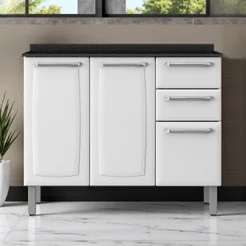 Balcão Cozinha em Aço 3 Portas 2 Gavetas 105cm com Tampo Luce Itatiaia Branco Branco