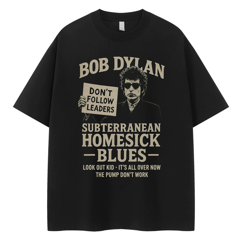 Camiseta Preta Unisex Design com Imagem e Textos de Bob Dylan Subterranean Homesick Blues Alta Qualidade