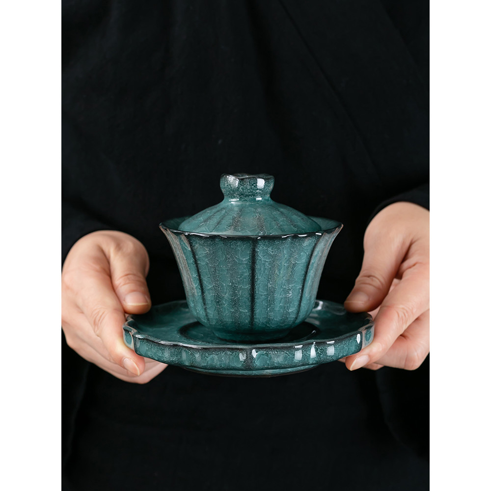 Flor de gelo verde irmão forno Gaiwan fatia aberta cigarra asa Sancai tigela cerâmica xícara de chá Kung Fu conjunto de
