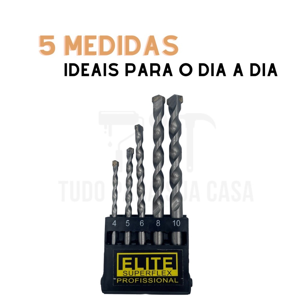 JOGO BROCA DE WIDEA 5 PEÇAS - USADA EM CONCRETO, ALVENARIA E REBOCO - MEDIDAS 4, 5, 6, 8 E 10mm - PEDREIRO