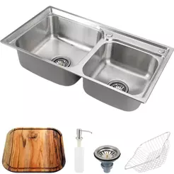 Kit Cuba p/ Cozinha Gourmet Pia Dupla Aço Inox com Acessórios e Tábua de Corte Ticunas Pingoo