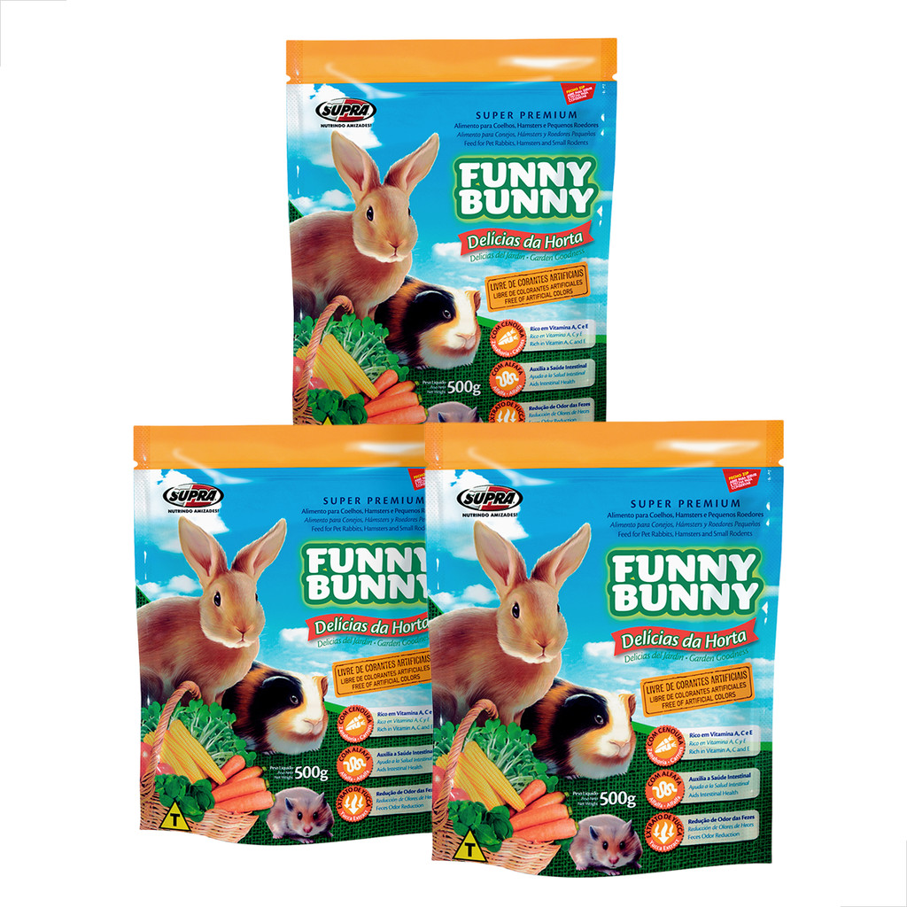 Kit 3 Ração Funny Bunny Delícias da Horta para Coelhos e Roedores 500g Alimento Completo Alfafa e Cenoura