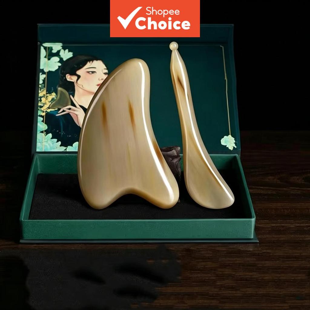 Placa Gua Sha de Chifre Falso de Búfalo & Conjunto de Caneta de Acupressão – Ferramenta de Massagem Facial Lifting