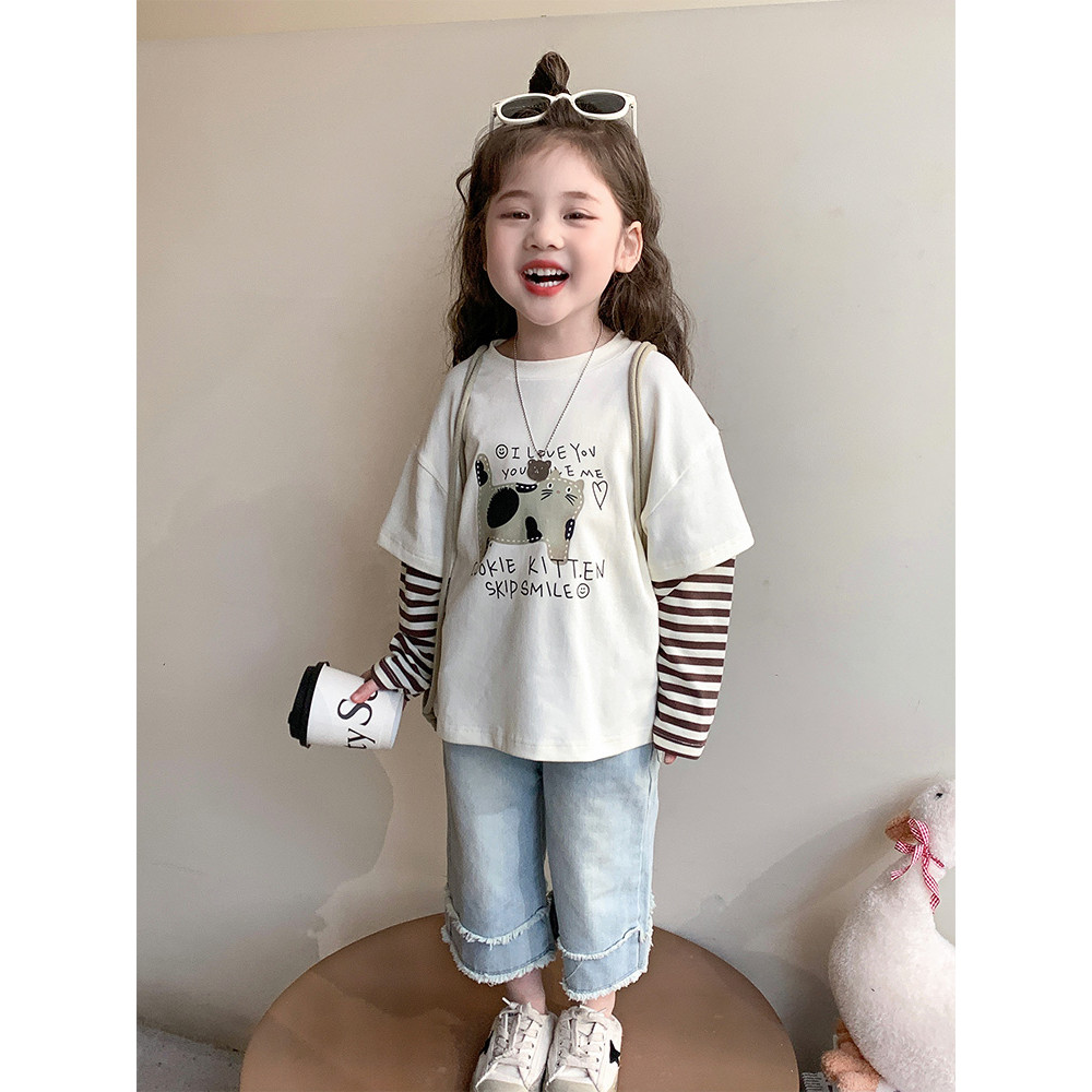 Meninas camiseta primavera outono 2025 novo estilo crianças estilo ocidental primavera manga comprida camiseta bebê meni