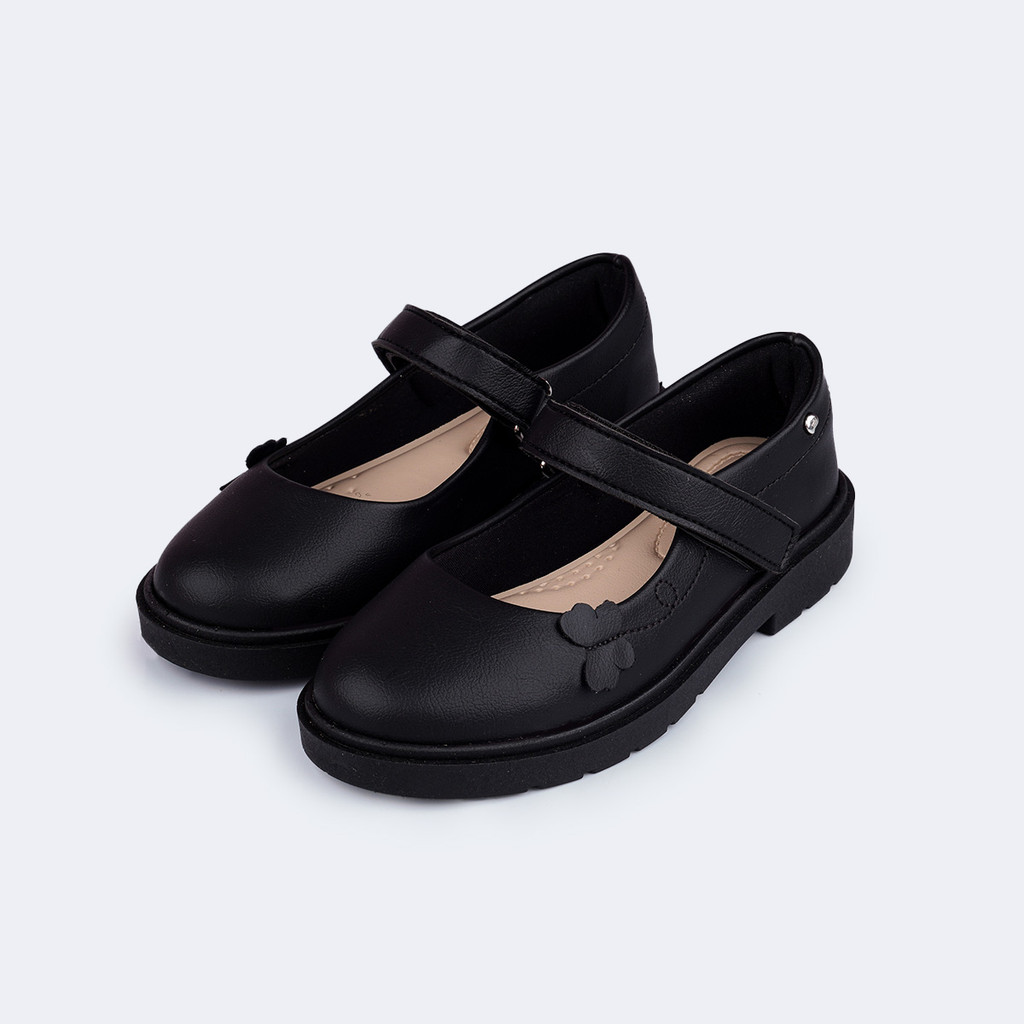 Sapato Infantil Menina Escolar Social Borboleta Preto Pampili