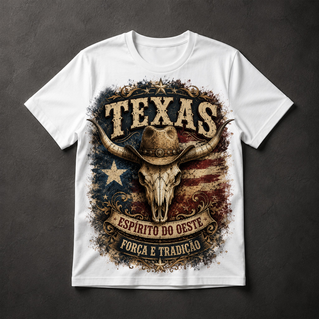 Camiseta Texas Longhorn Caveira Cowboy Country Rodeio Masculina Estampa Vintage Sertanejo