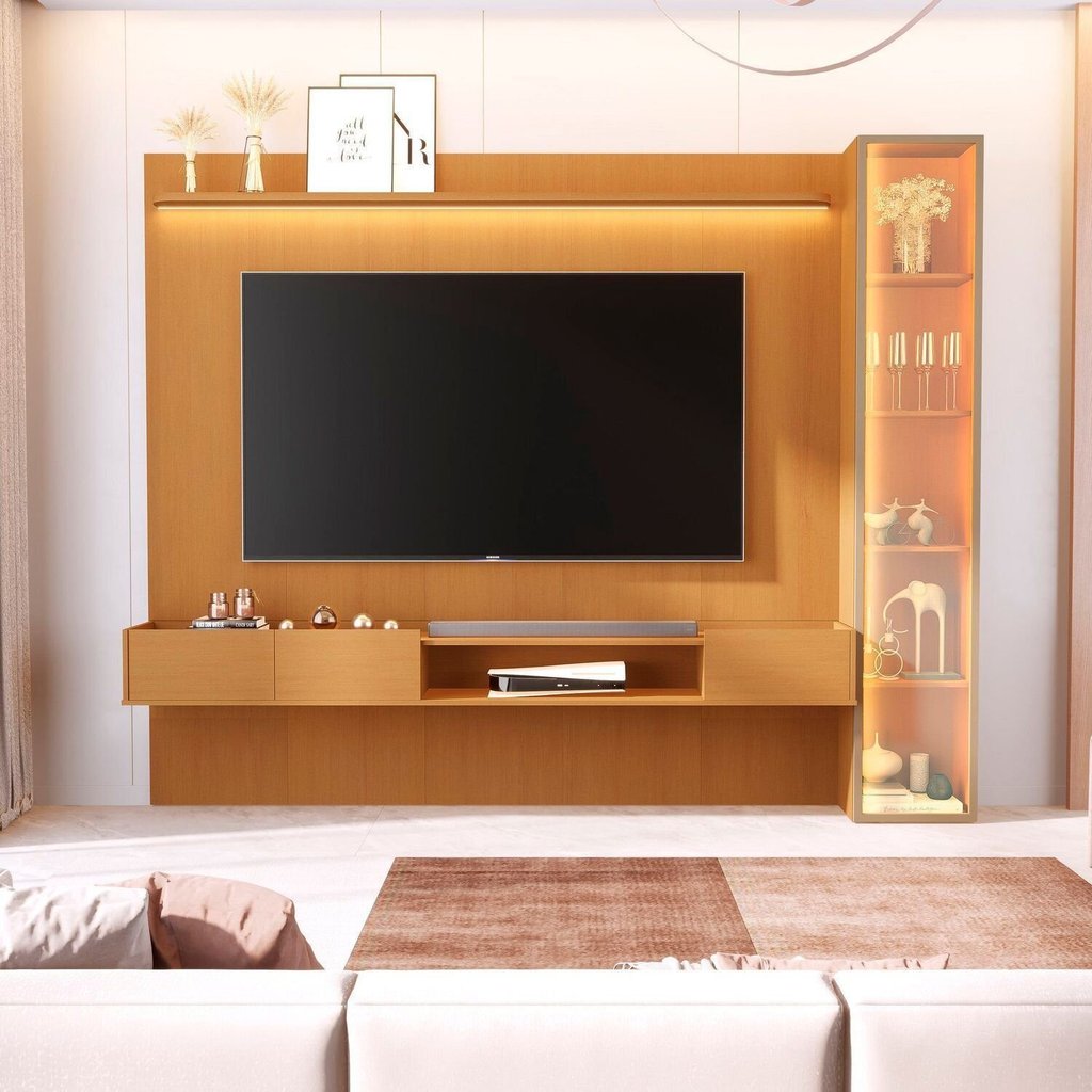 Painel com Cristaleira para TV até 84 Polegadas LED e Vidro Reflecta 100% MDF 219CMX269CM Vitoria Regia Yescasa Marrom