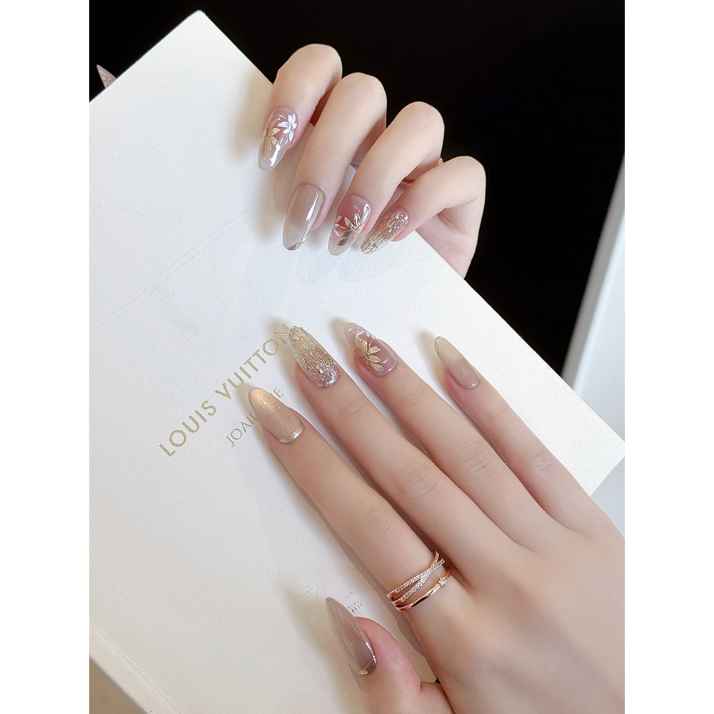 LTF Original [Sombra de Flor Estilo Japonês] Unhas Artesanais 2026 Novo Estilo High-End Golden Cat Eye Manicure Patch