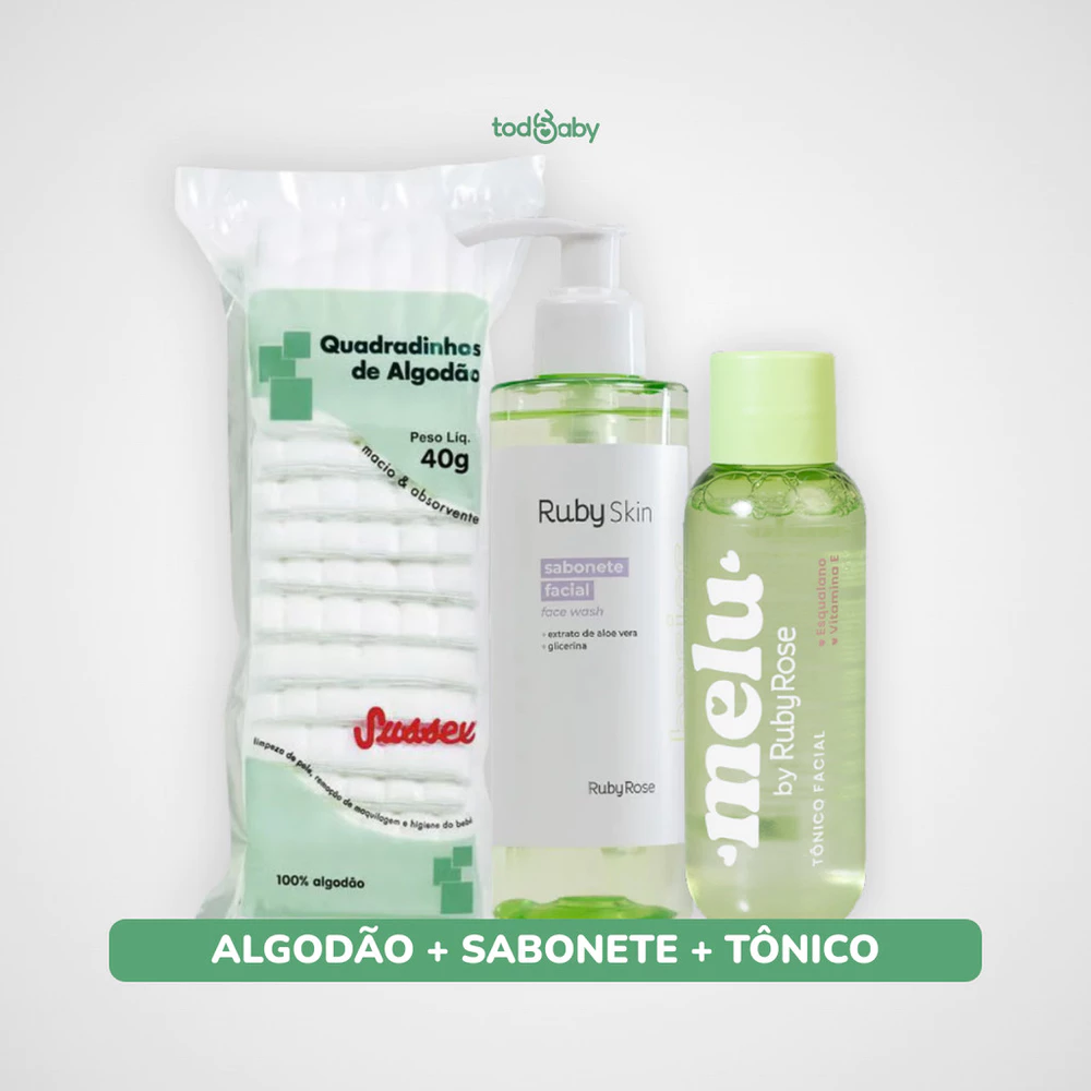Kit Skincare facial Ruby Rose® Tônico facial melu + Sabonete para rosto + Algodão Sussex 3 produtos
