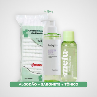 Kit Skincare facial  Ruby Rose® Tônico facial melu + Sabonete para rosto + Algodão Sussex 3 produtos