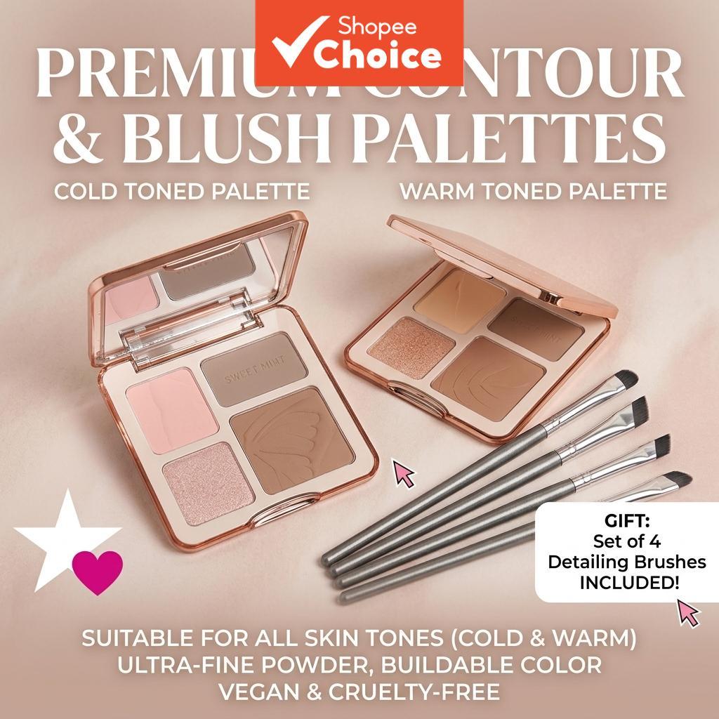 SWEETMINT Paleta de Contorno Facial 4 Cores, Kit de Maquiagem em Pó com Bronzer e Iluminador + 4 Pincéis, Cosmético