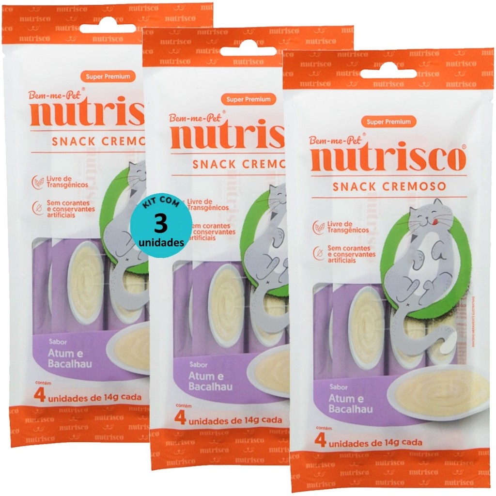 SNACK CREMOSO NUTRISCO GATOS 14G ATUM E BACALHAU COM 4 UN - KIT COM 3