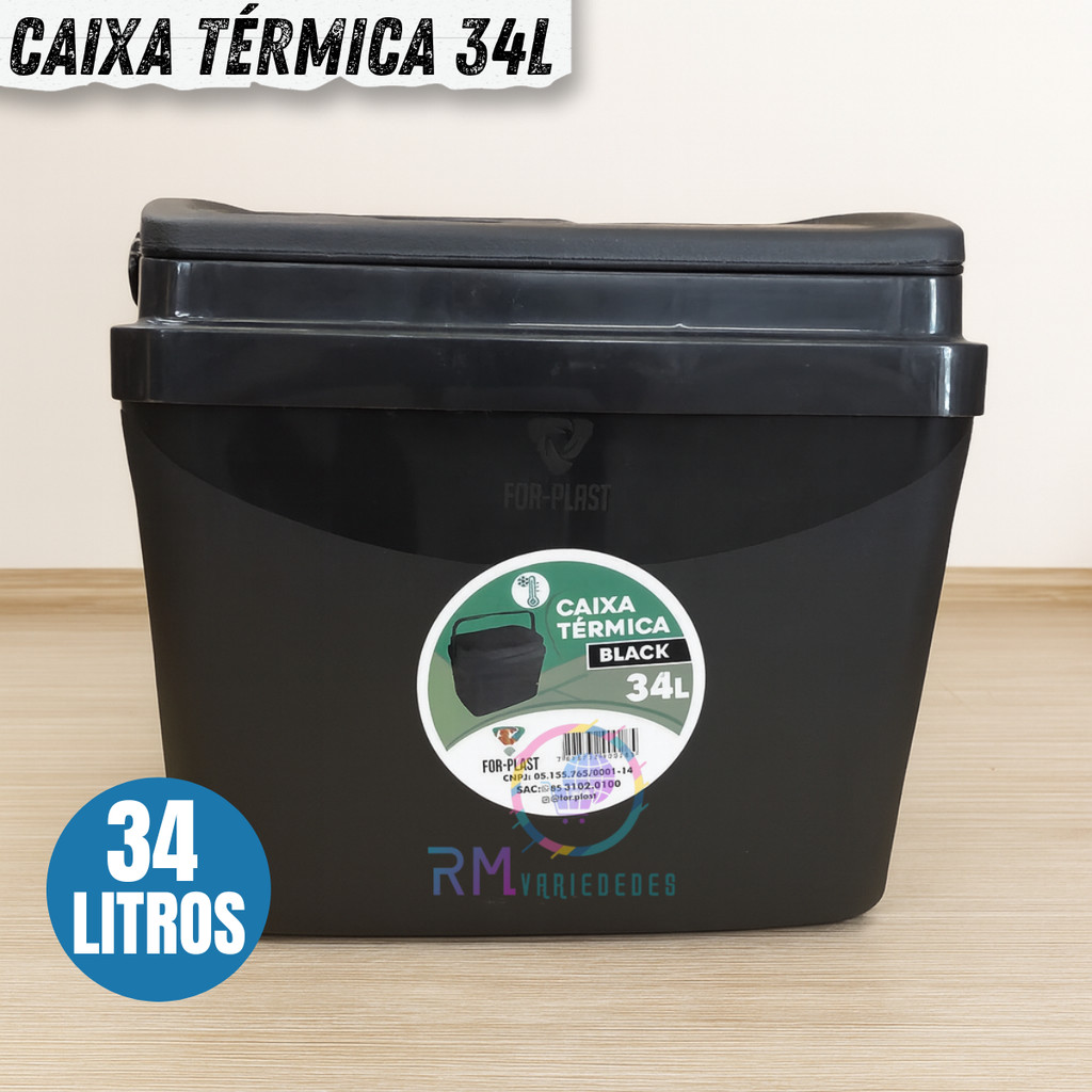 Caixa Térmica Com Alça Cooler Resistente 34 Litros Black Porta Copos Praia Camping