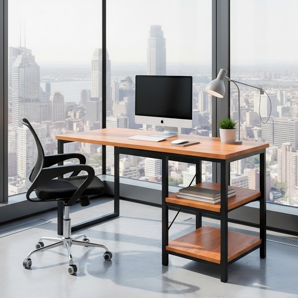 Escrivaninha Industrial Com Nichos Para Estudo Gamer, Mesa de Escritório Moderna Compacta
