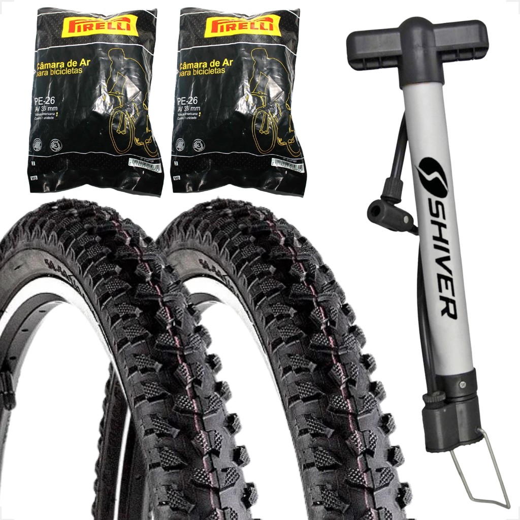 PAR Pneu bicicleta Levorin Excess aro 26 x 1.95 banda leve PAR Camara Pirelli bico grosso Bomba