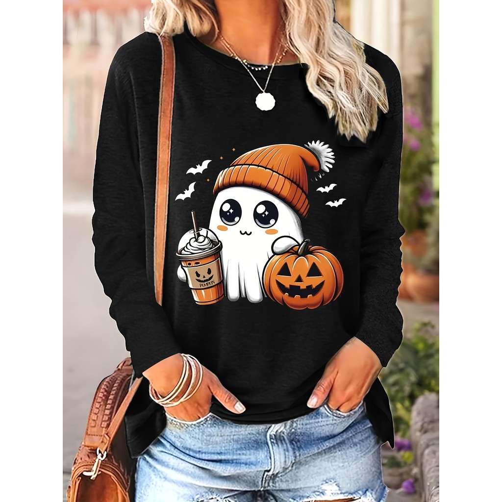 Camiseta Feminina Premium Halloween Suéter, Fantasmas Abóbora Copo, Cinza Escuro, Oversized 100% Algodão