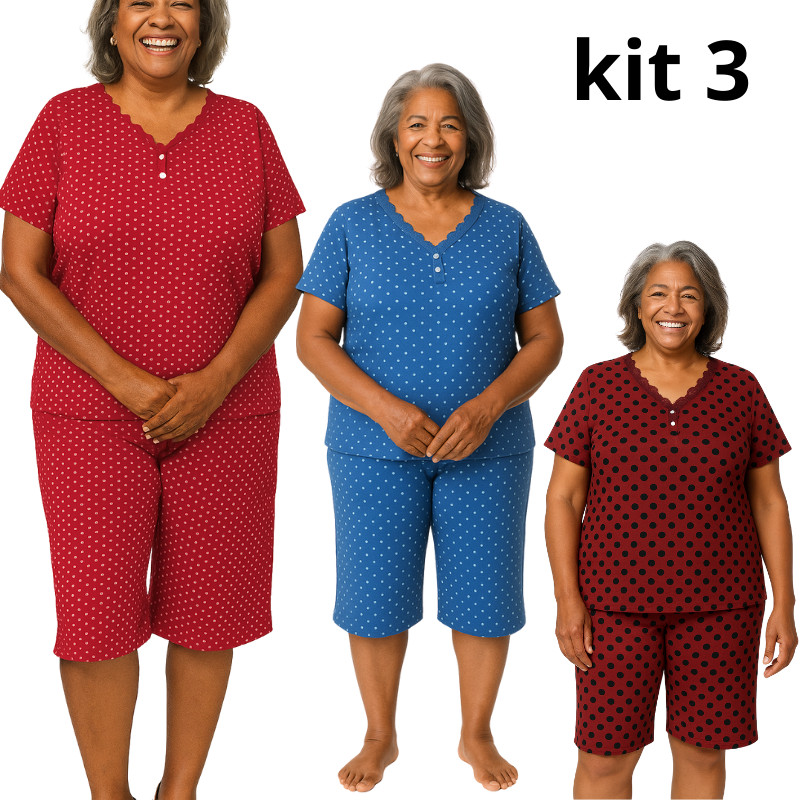 Kit 3 Pijamas Manguinha e bermuda de Senhora Estampada composta malha fria