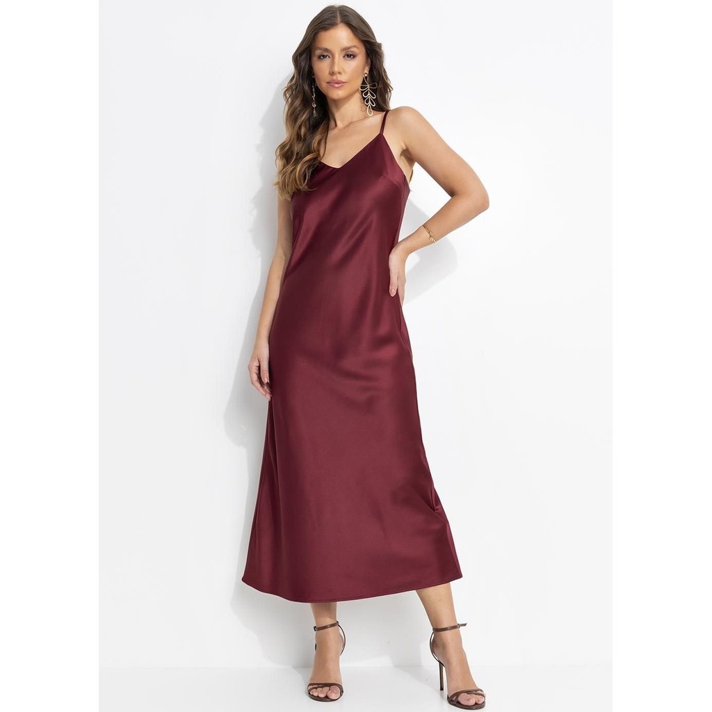 Vestido Slip Dress Crepe Plano Bordô Quintess em Oferta na Shopee