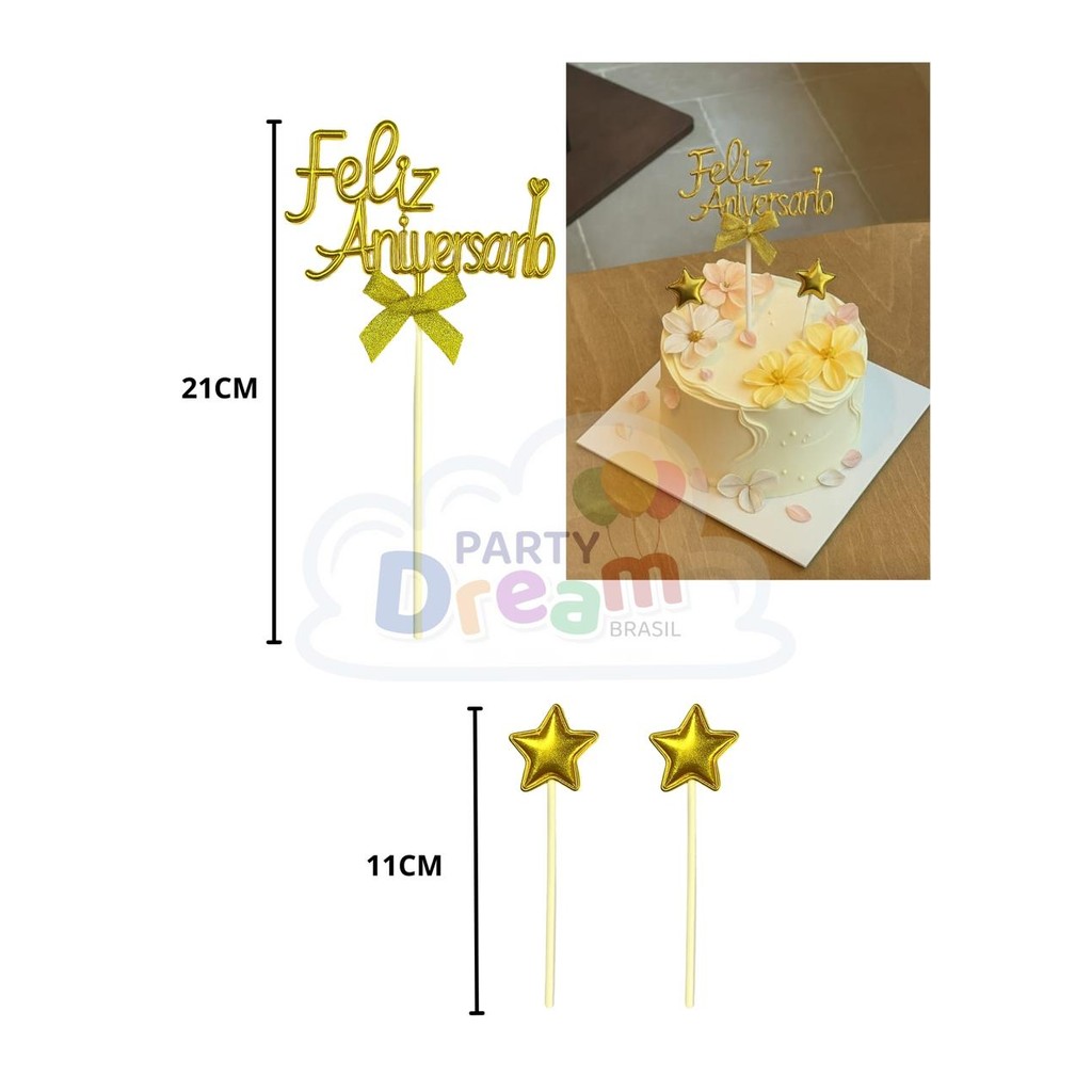 Topo de Bolo Espelhado Feliz Aniversário 21cm Unidades Letreiro festa surpresa decoracao