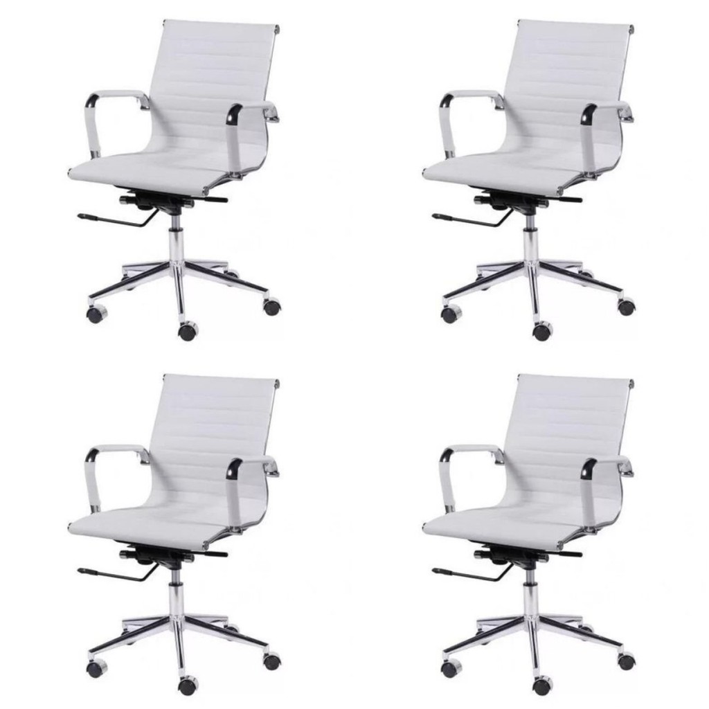 Kit 4 Cadeiras Escritório Diretor Esteirinha Rodízio Relax Corino 3301 Branco