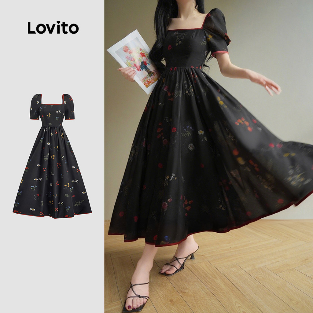 (NEW) Lovito Vestido Casual de Cores em Bloco para Primavera/verão Vestido Preto para mulheres L150ED274