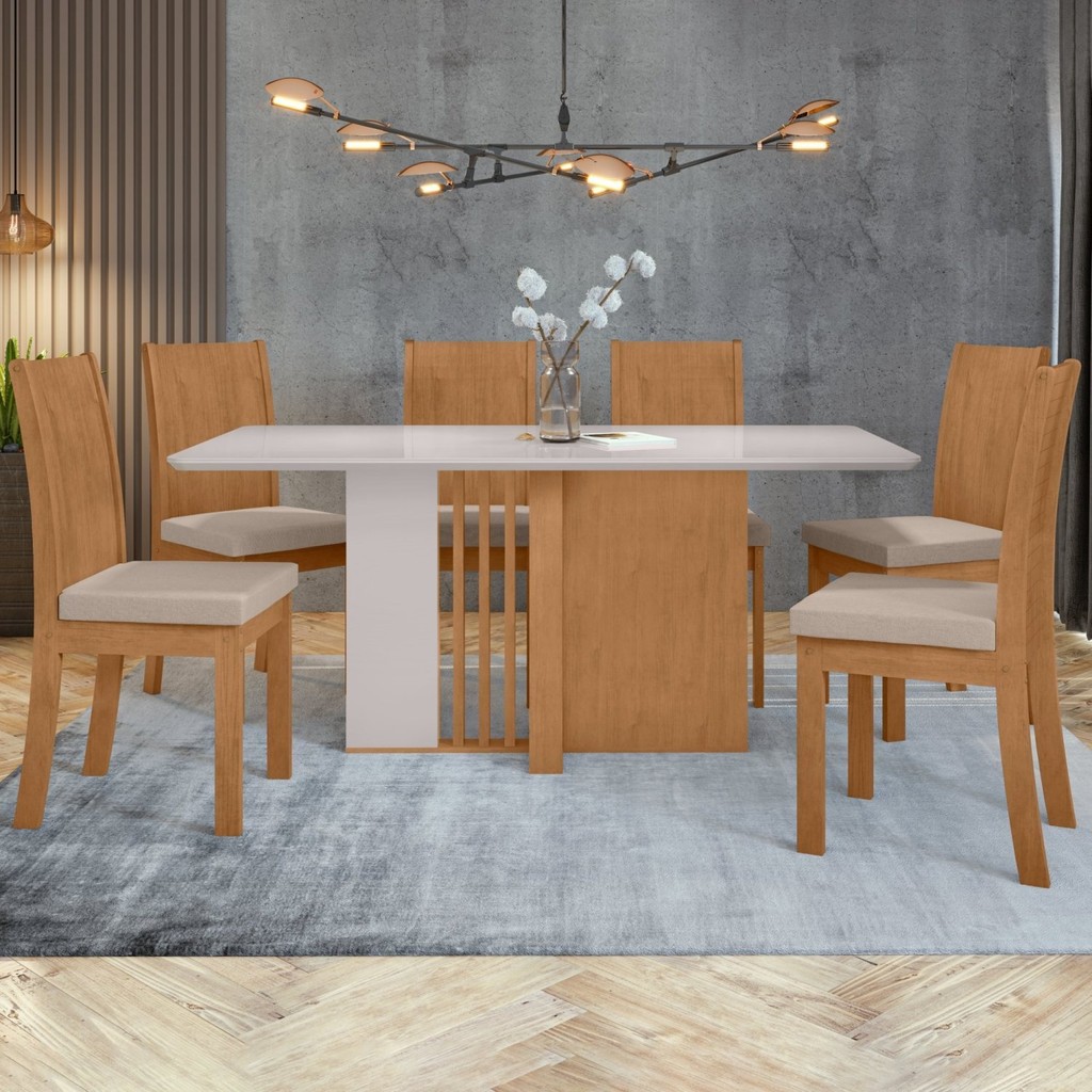 Conjunto Sala de Jantar 6 Lugares Retangular Tampo Vidro/MDF Mesa Astrid com Cadeiras Athenas Amêndoa Clean/Off