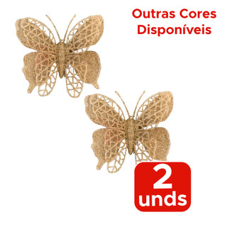 Kit Flor Decorativa De Natal Borboleta Com Brilho Com 2 Unidades Vermelha Dourado Enfeite de Natal