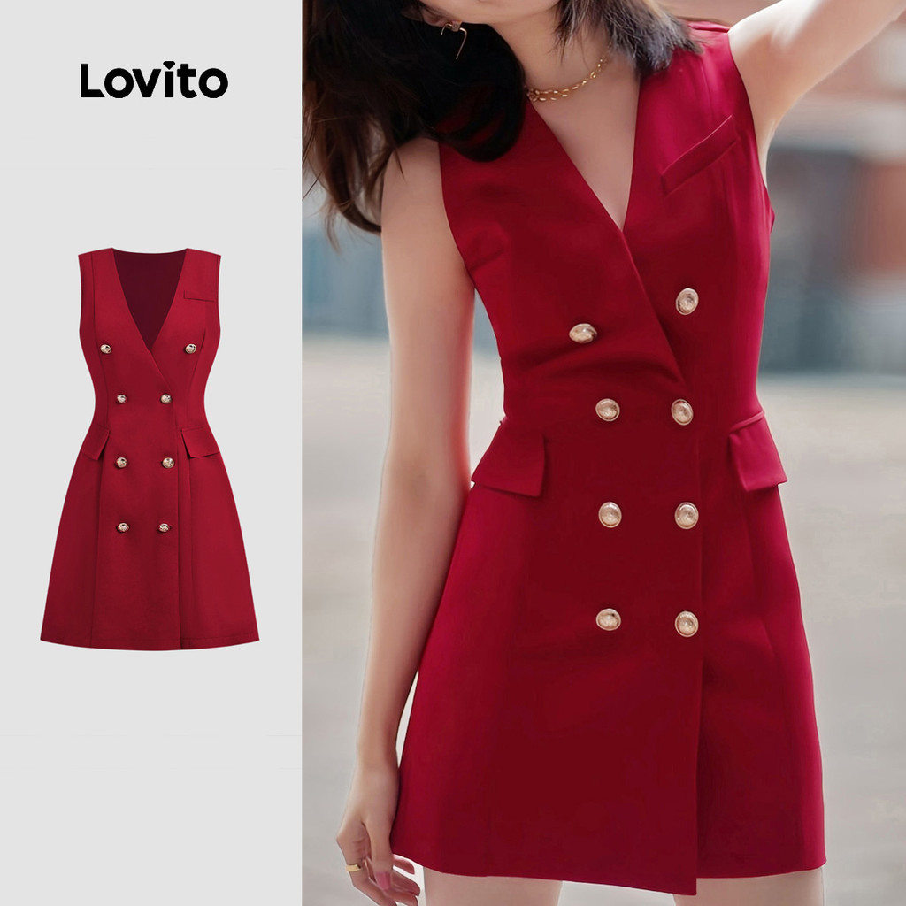 Lovito Vestido Elegante De Festa Com Botões Duplos Simples Vermelho Para Primavera/verão L150ED512 em Oferta na Shopee