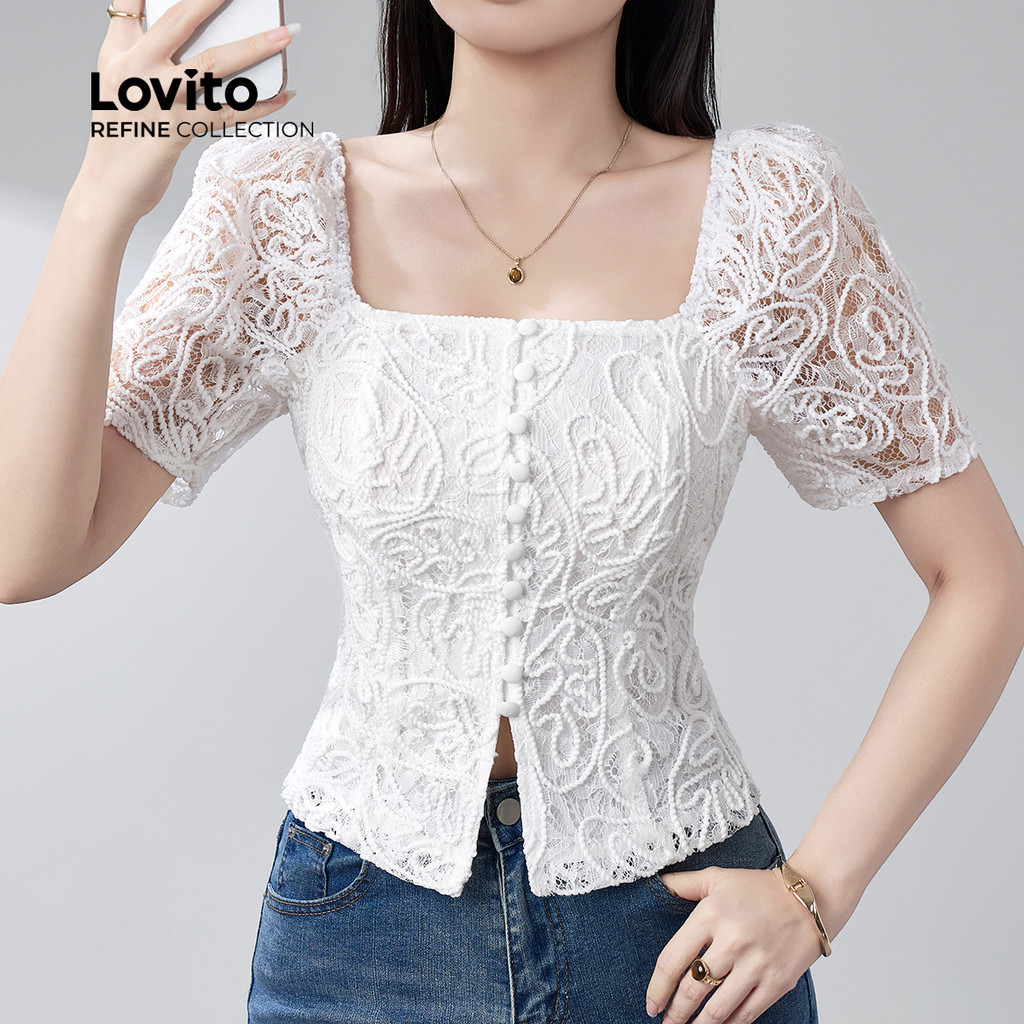 (Lovito Refine) Blusa Elegante com Laços Bordado de Renda Primavera/verão Blusa Branca para Mulher LR21E204 em Oferta na Shopee
