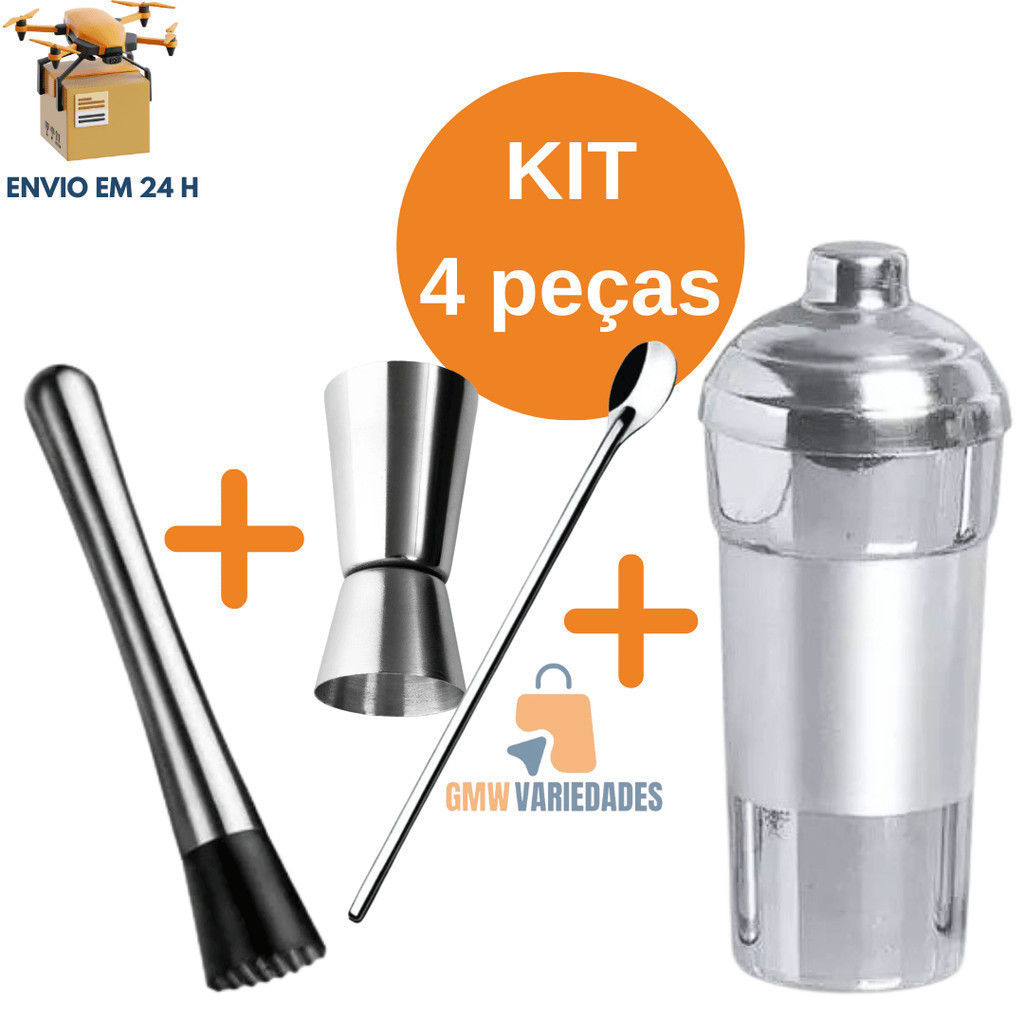 Kit Caipirinha 4 Peças Coqueteleira Alumínio Socador Dosador Duplo e Colher de suco  para Bares Restaurantes