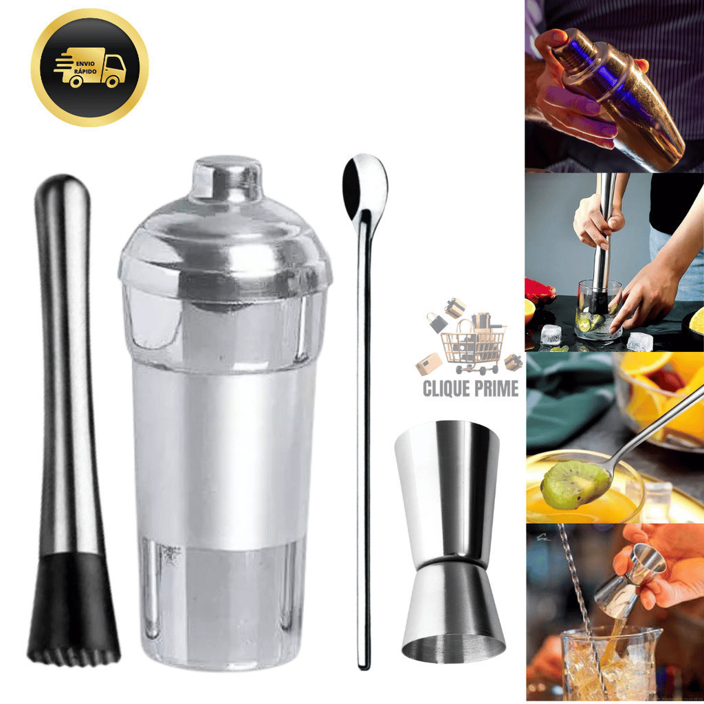Kit Combo Bar 4 Peças Coqueteleira Alumínio socador dosador duplo e colher de suco  para Bares Restaurantes