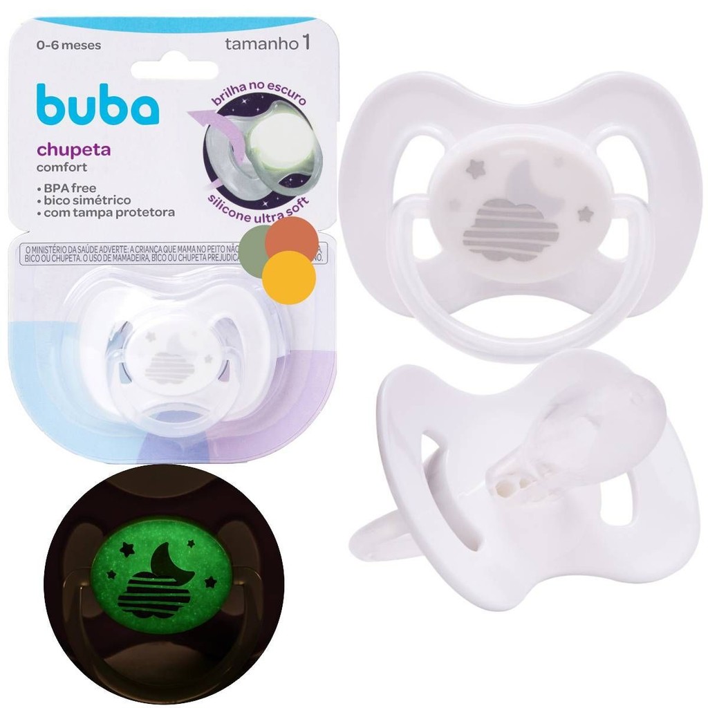 Chupeta Buba Brilha no Escuro 0 a 6 meses Bico Comfort Silicone Tam 1