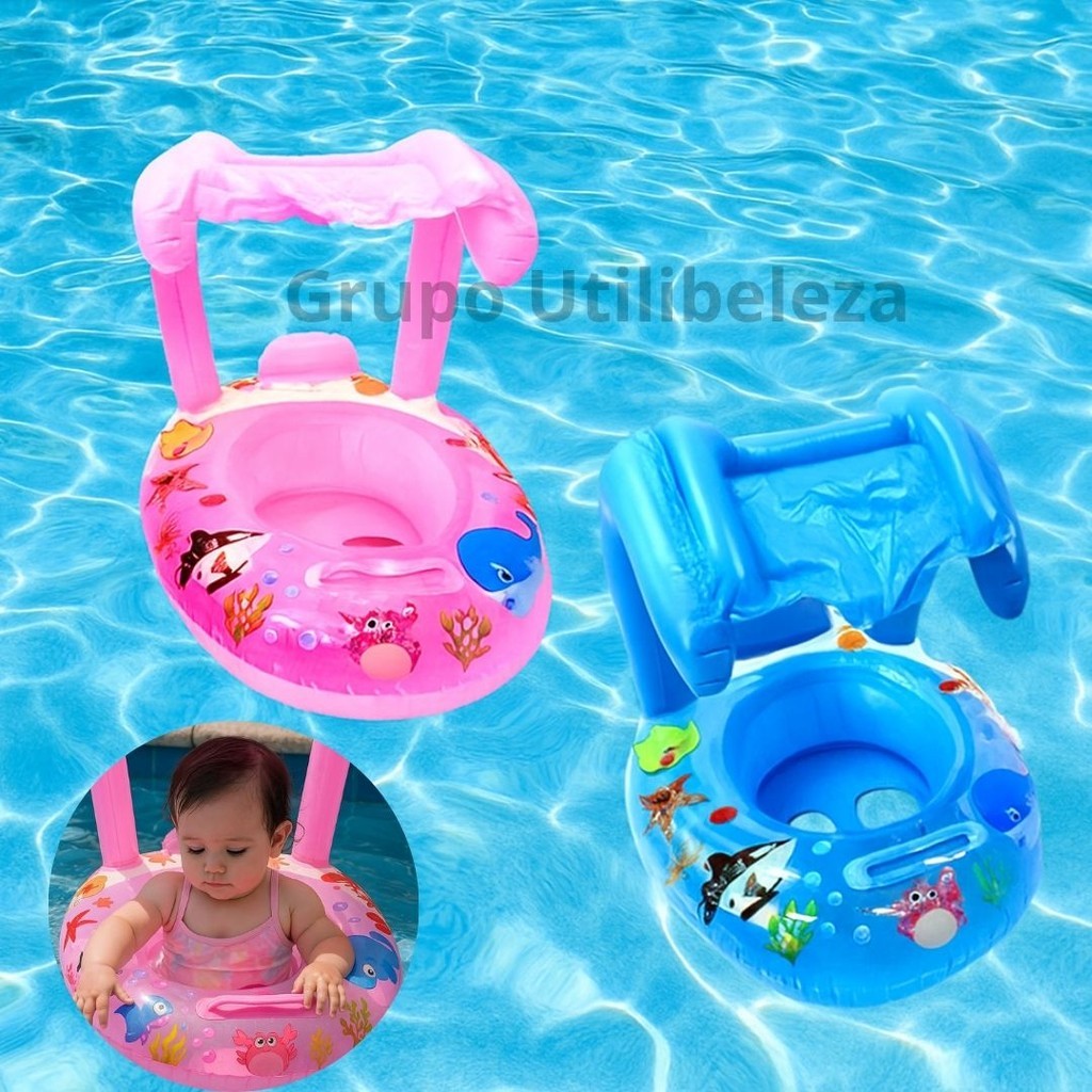 Boia Bote com Cobertura Bebês Infantil Piscina Verão Proteção Solar