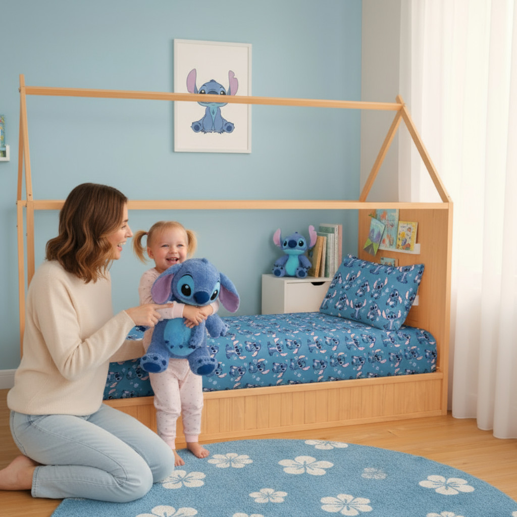 Jogo De Cama Montessoriana Mini Cama Infantil Lilo & Stitch Oficial Disney 150x70 Antialérgico Malha